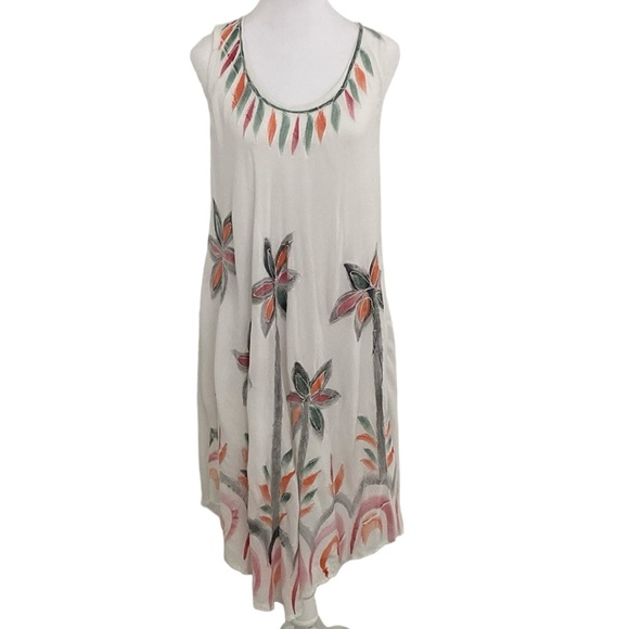 S.R. Fashion Rayon White Floral Painted Embroidered Free Size Dress - Picture 1 of 8